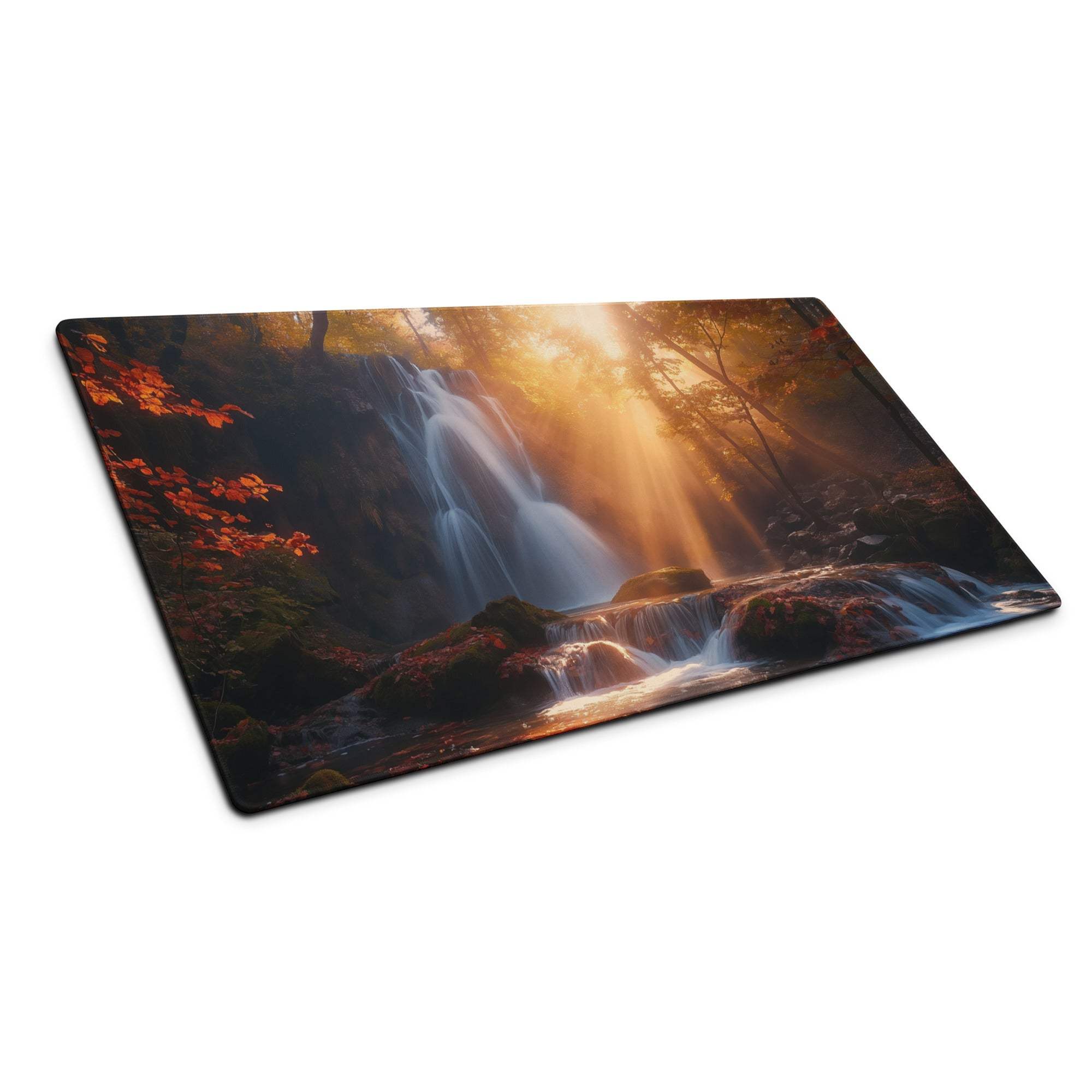 Rectangular cutting board with vivid autumn waterfall in golden hour forest