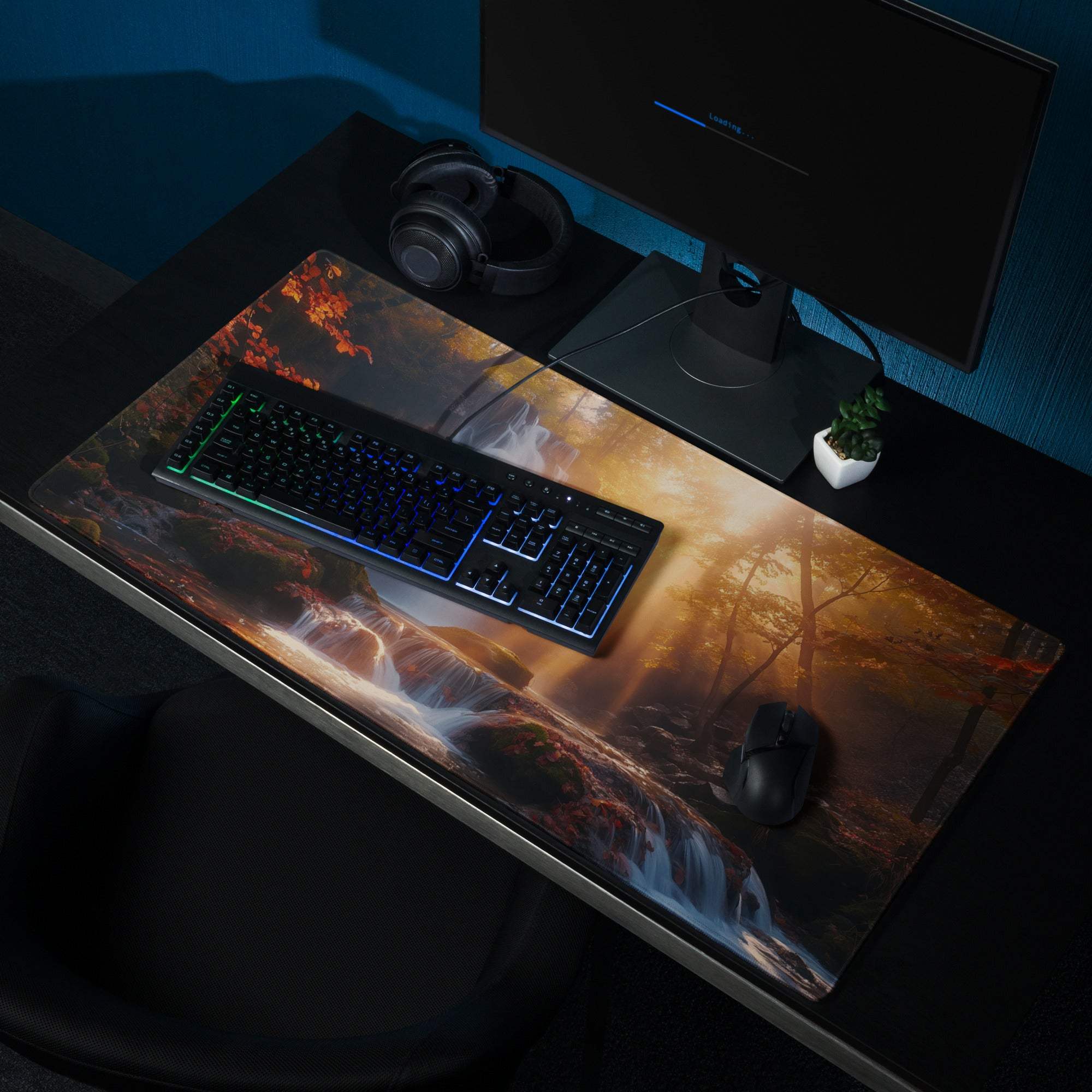 Large edge-stitched gaming mouse pad with golden hour autumn forest waterfall print