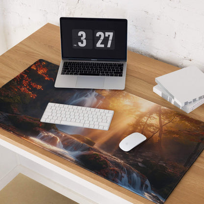 Large edge-stitched gaming mousepad with golden hour waterfall and autumn forest print