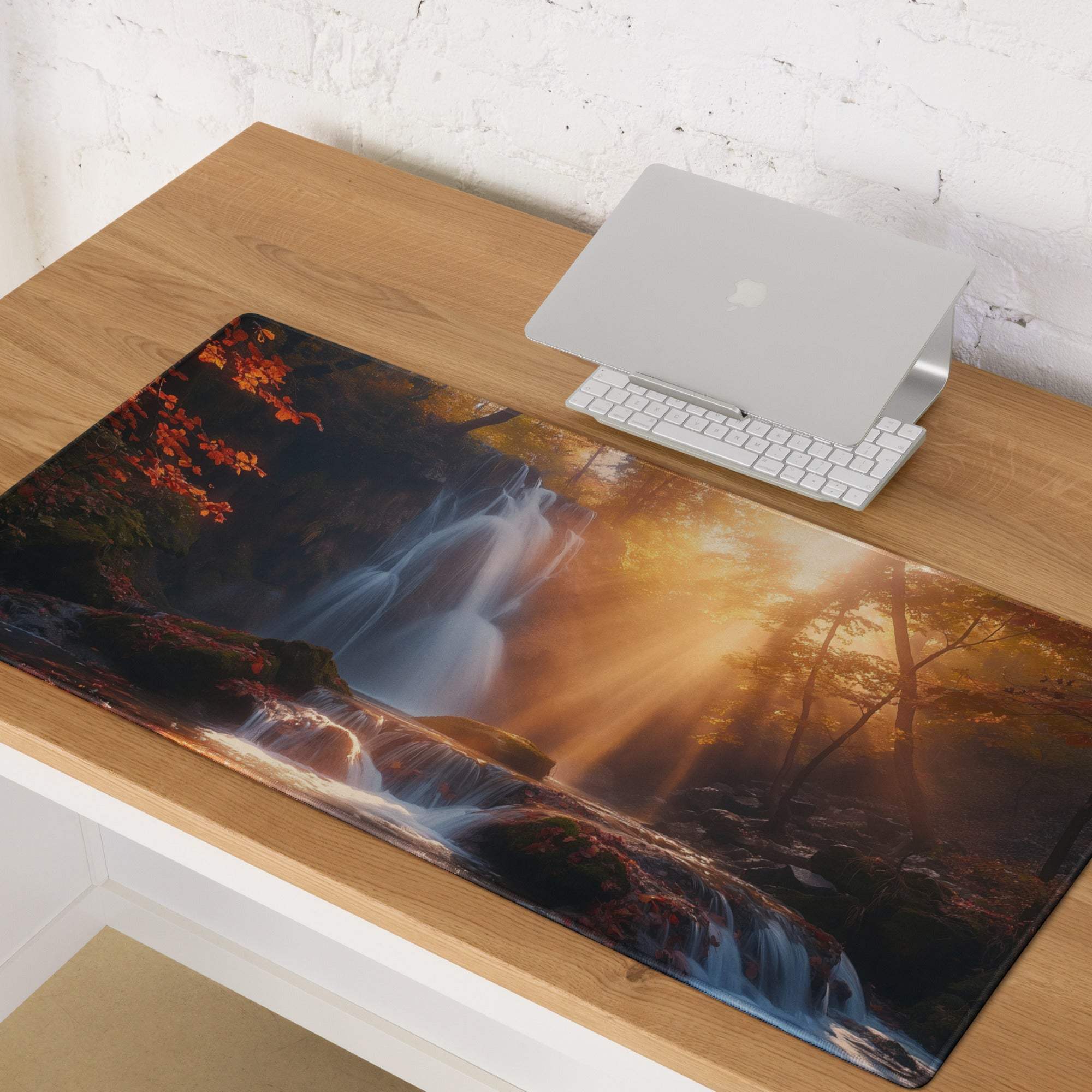 Large edge-stitched gaming mousepad with autumn waterfall in golden hour forest