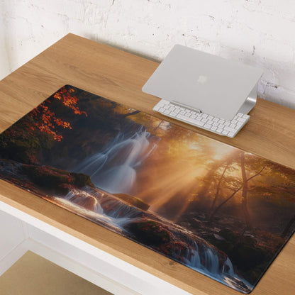 Large edge-stitched gaming mousepad with autumn waterfall in golden hour forest