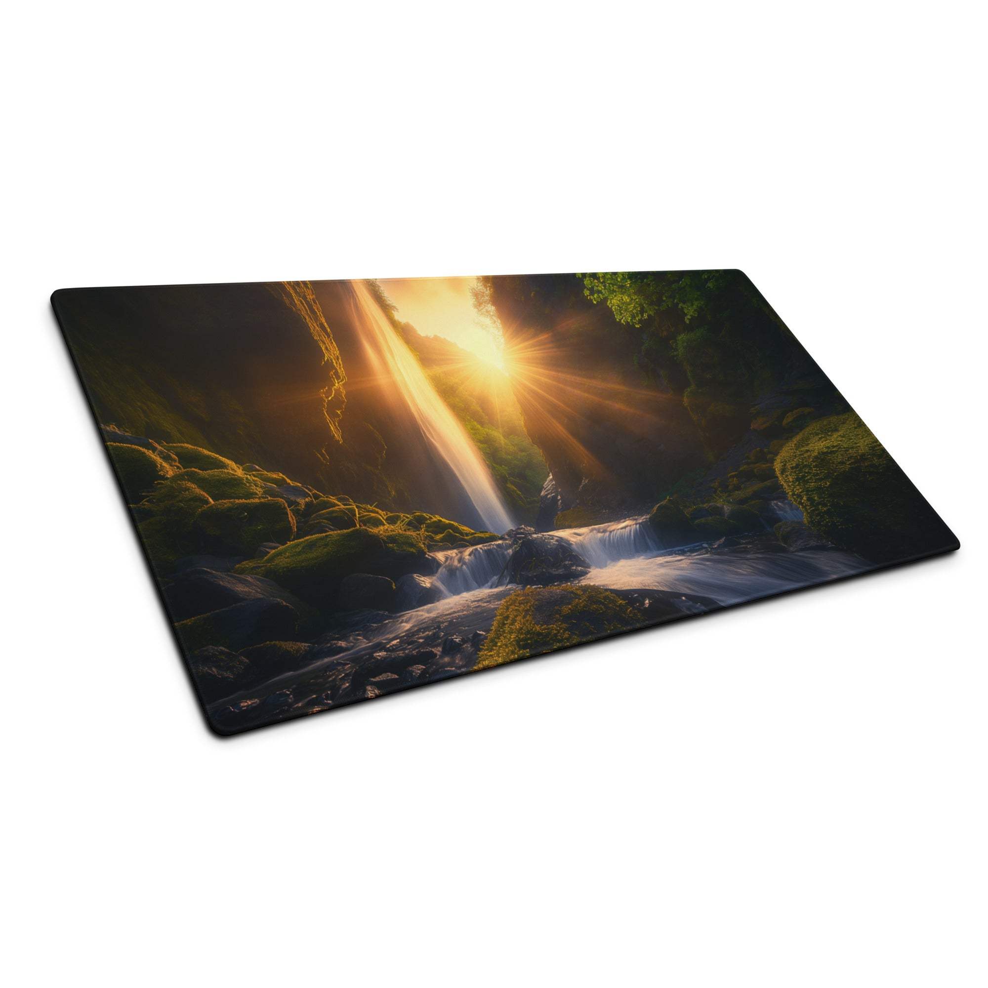 Epic waterfall on mossy rocks sunlit gaming mouse pad with non-slip base
