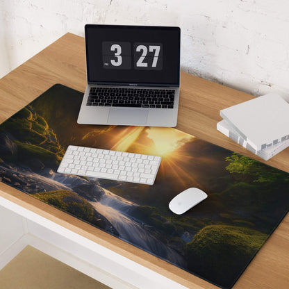 Epic sunlit waterfall gaming mouse pad with non-slip base and stitching