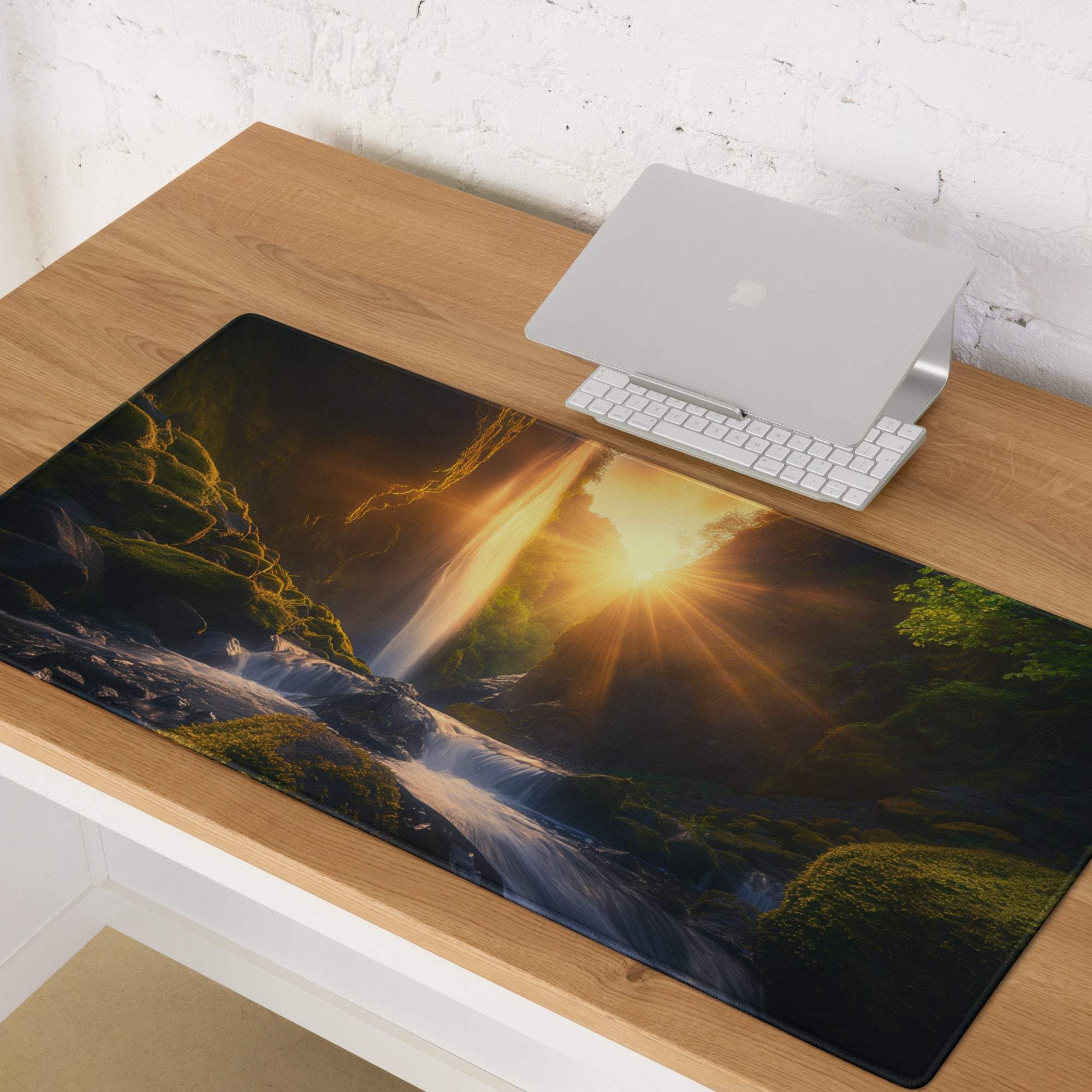 Epic Waterfall Scene sunlit golden sunrise gaming mouse pad