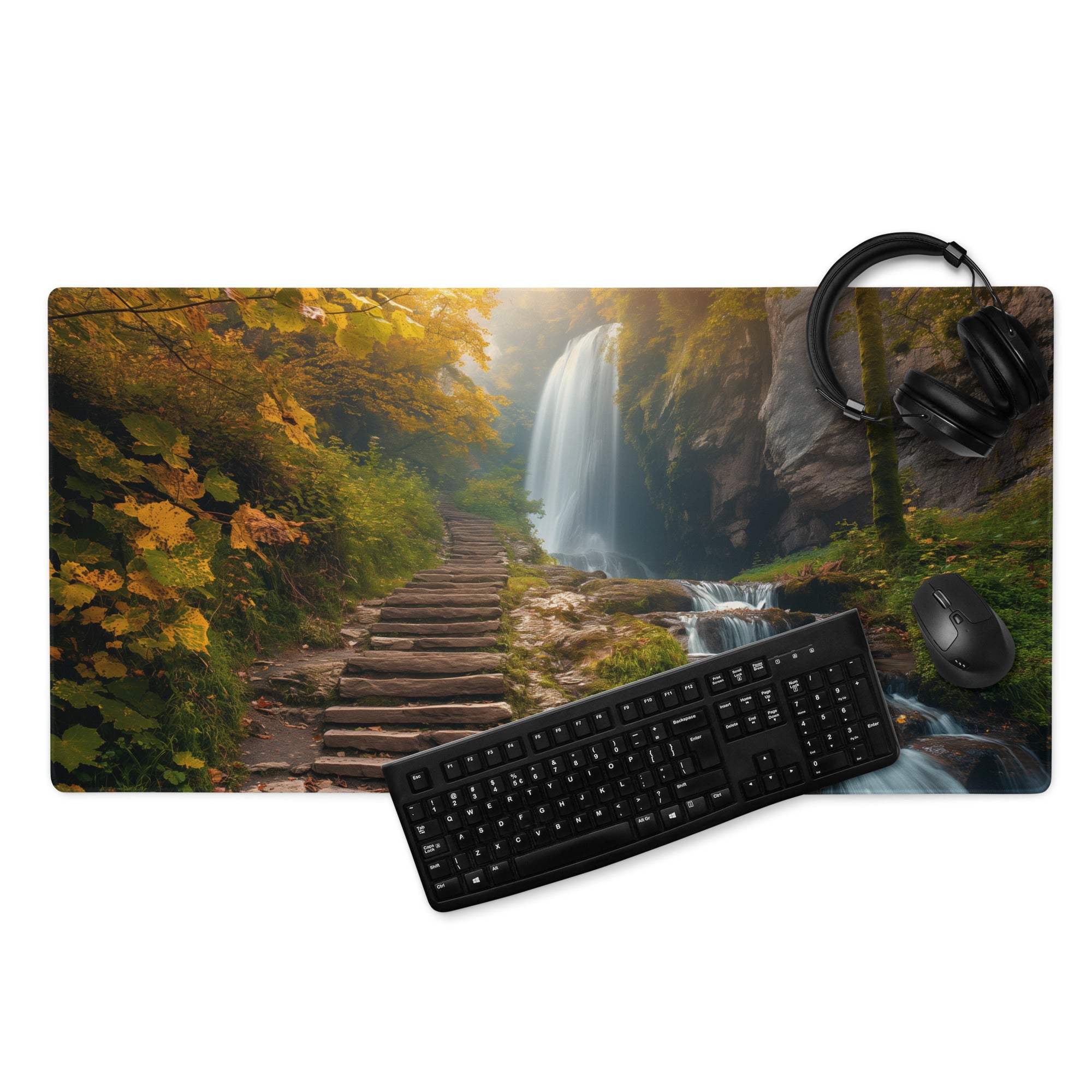 Black keyboard on Autumn Forest Waterfall gaming mouse pad
