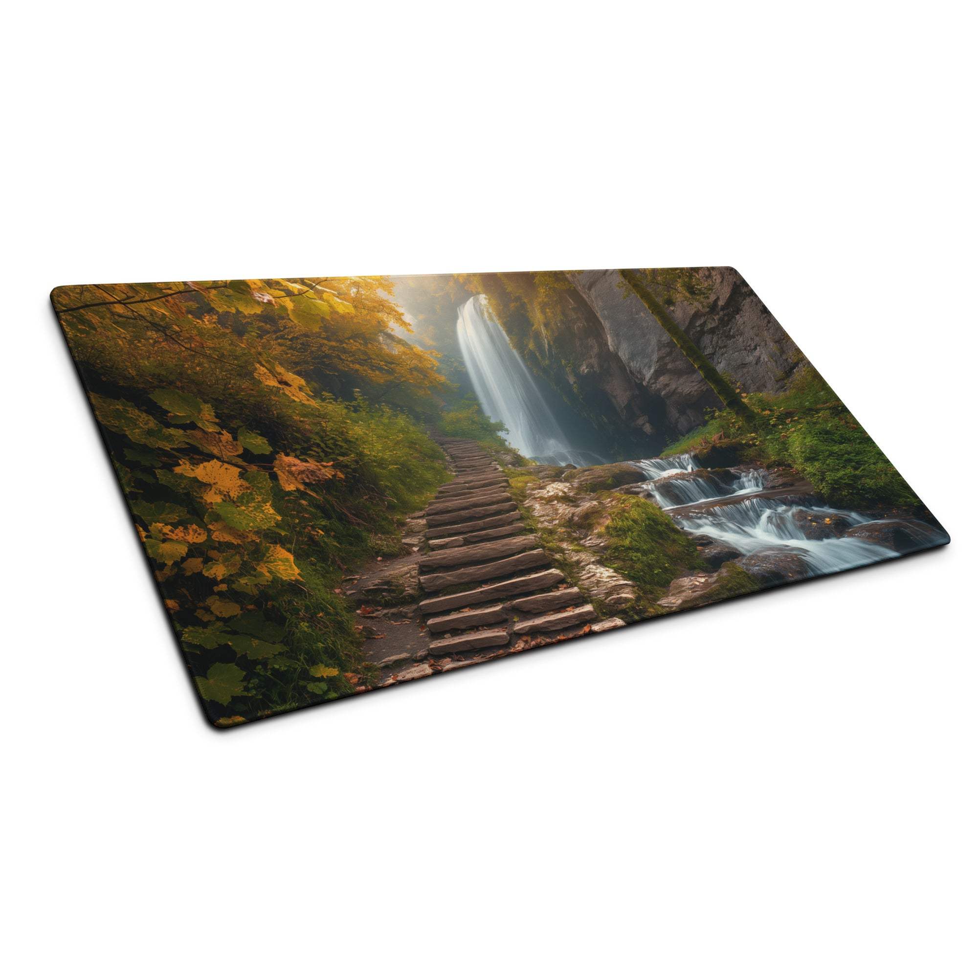 Autumn forest waterfall gaming mouse pad with stone path scene