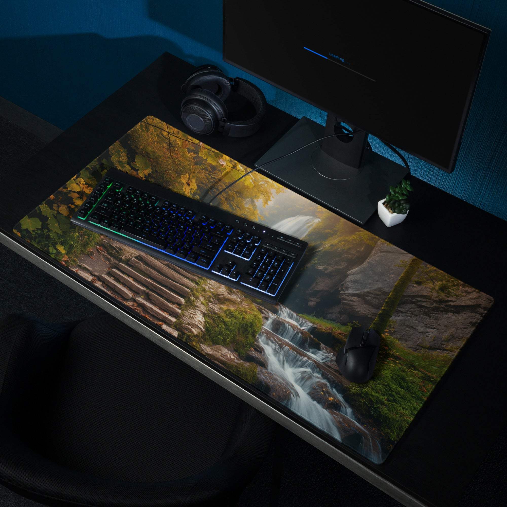 Autumn forest waterfall gaming mouse pad with large non-slip surface
