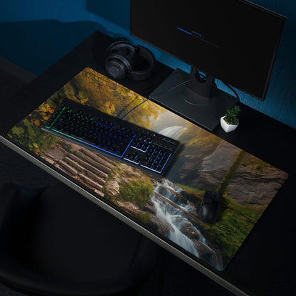 Autumn forest waterfall gaming mouse pad with large non-slip surface