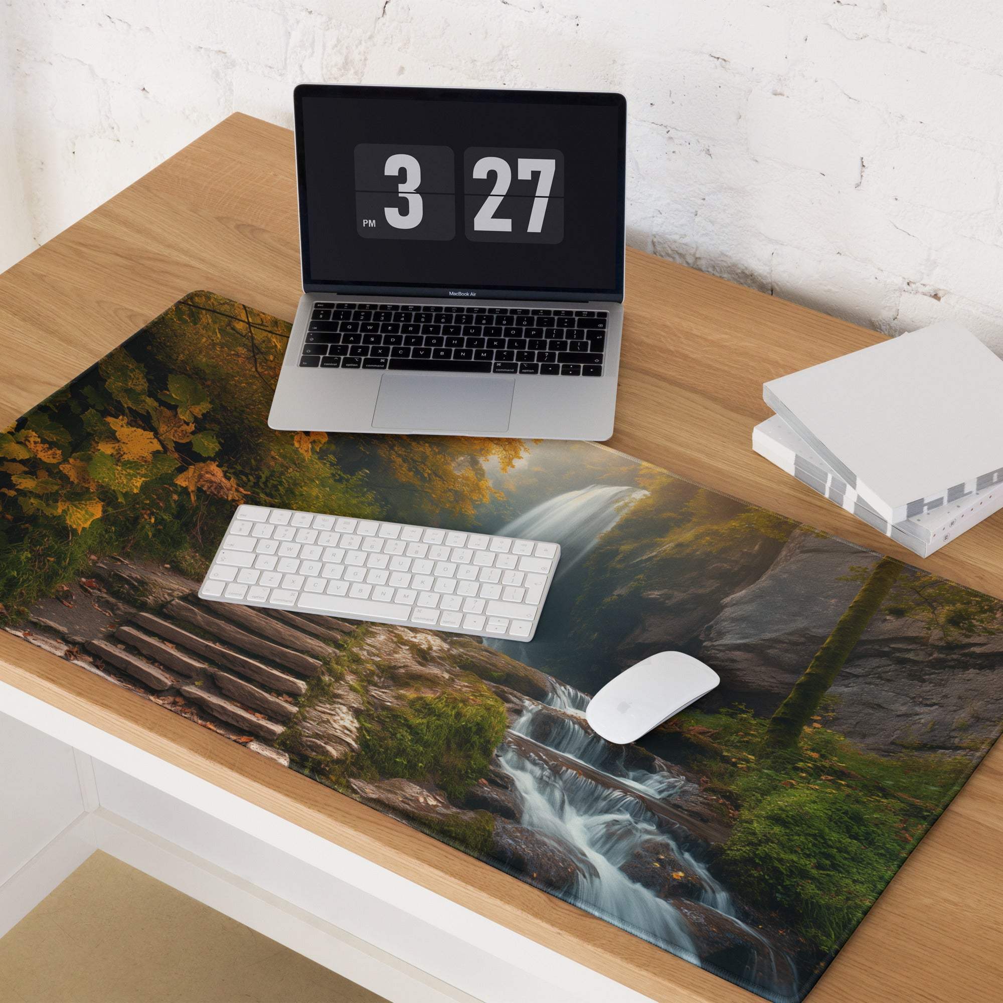 Autumn forest waterfall gaming mouse pad with non-slip base