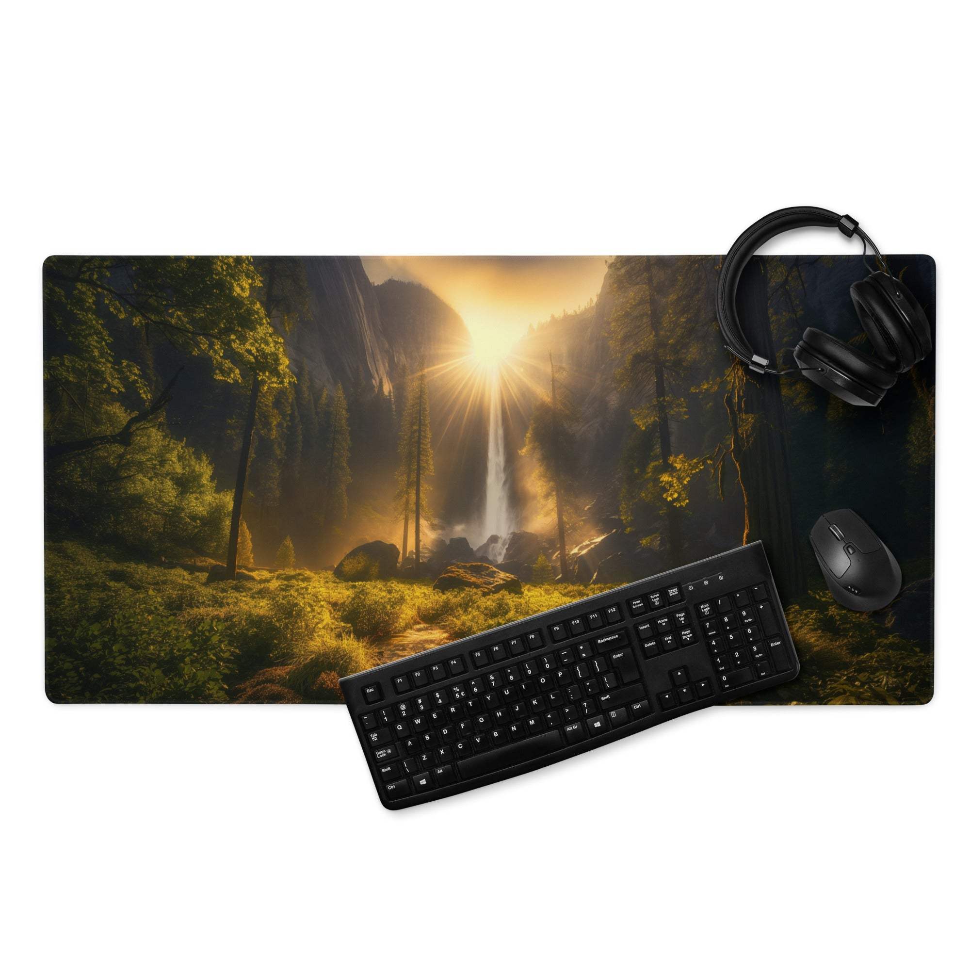 Nature Inspired Forest Sunrise large non-slip stitched gaming mouse pad with sunlit waterfall