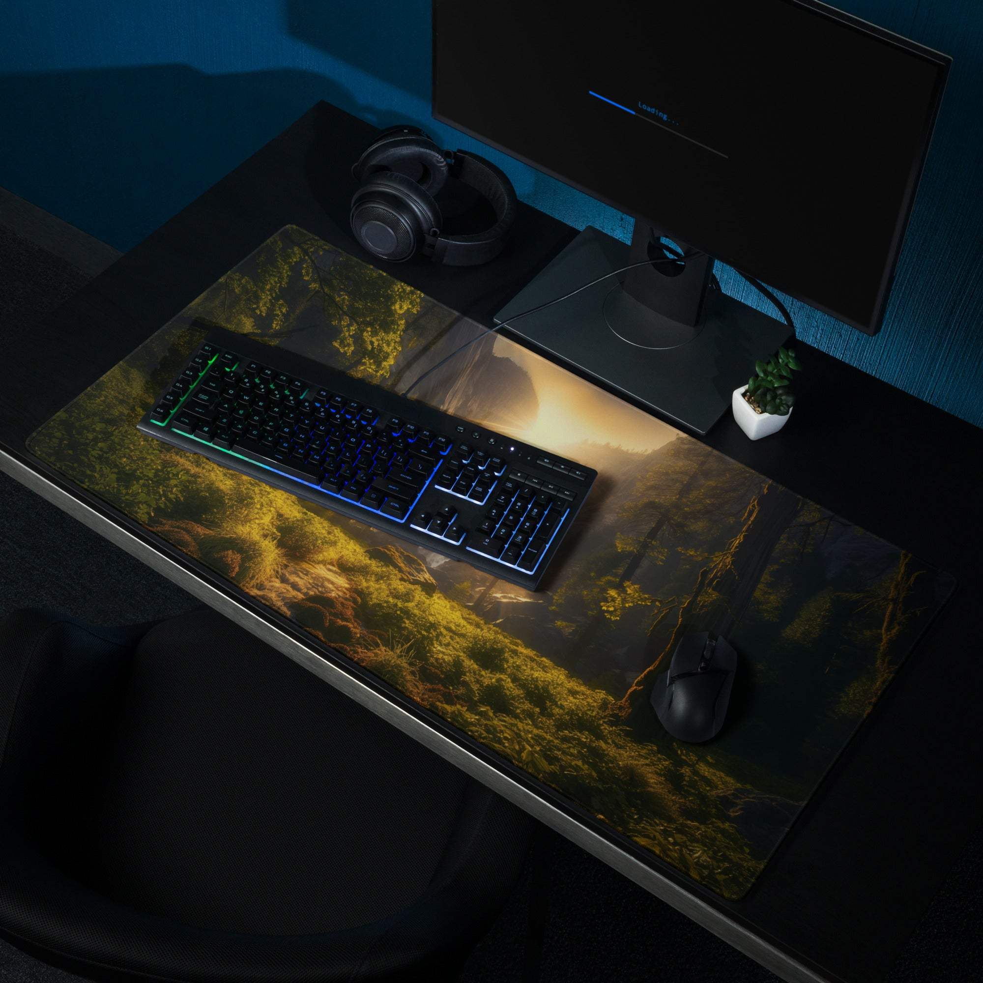 Nature inspired forest sunrise large gaming mousepad with illuminated scene