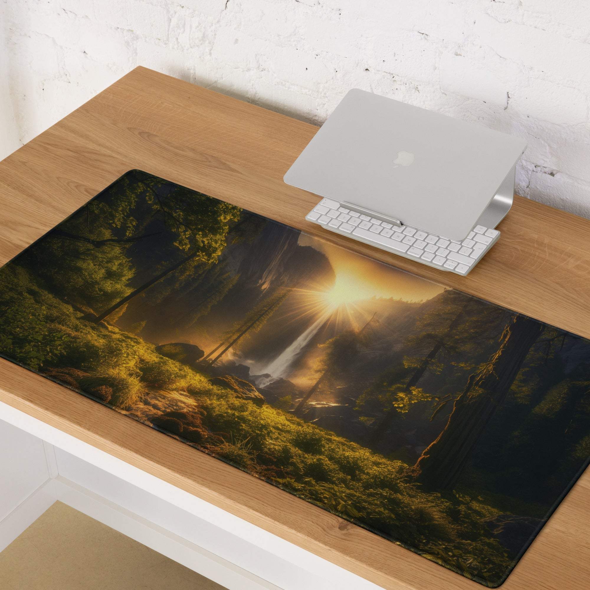 Nature Inspired Forest Sunrise large gaming mouse pad with vivid forest scene