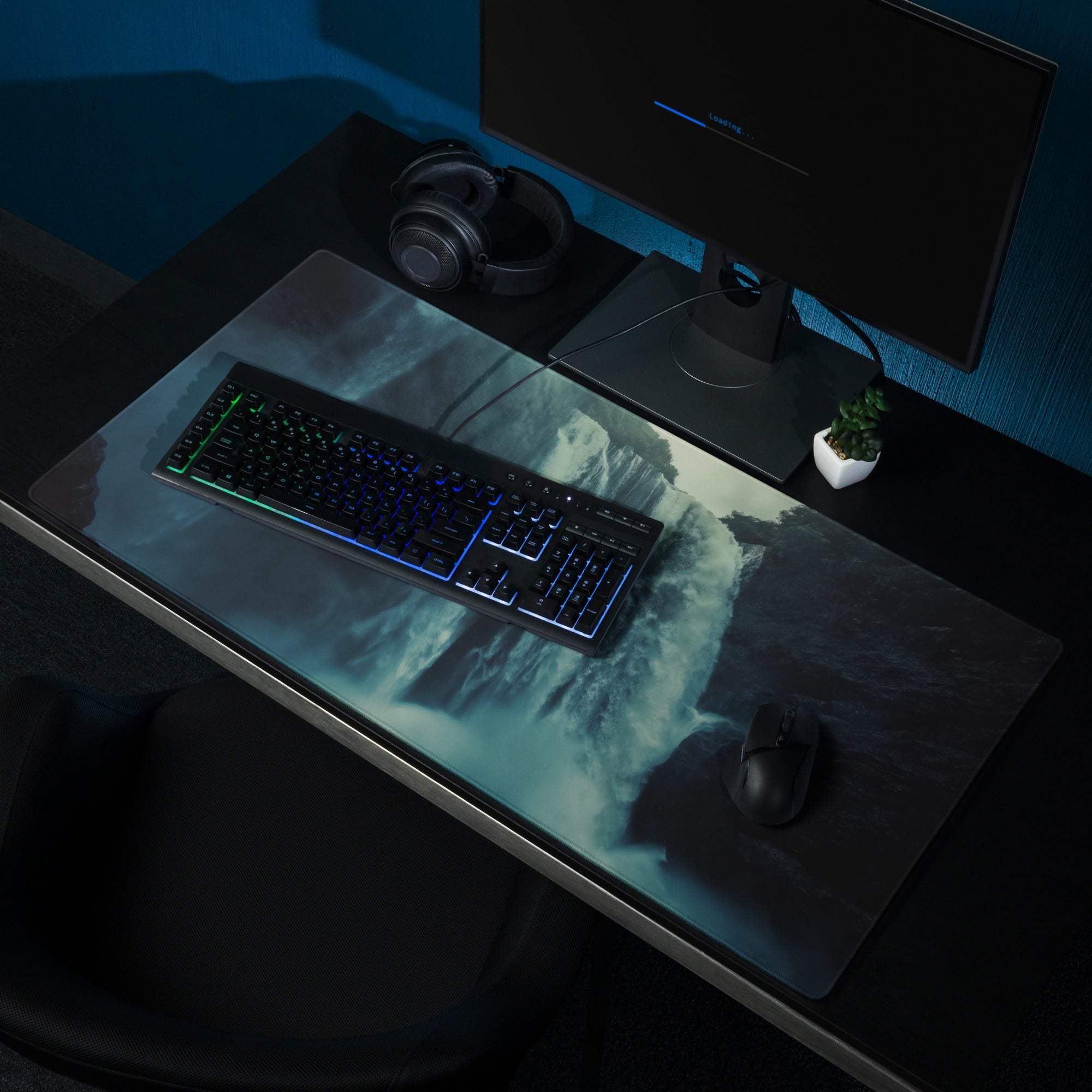 Epic Waterfall Scene Moody Blue gaming mouse pad with non-slip base