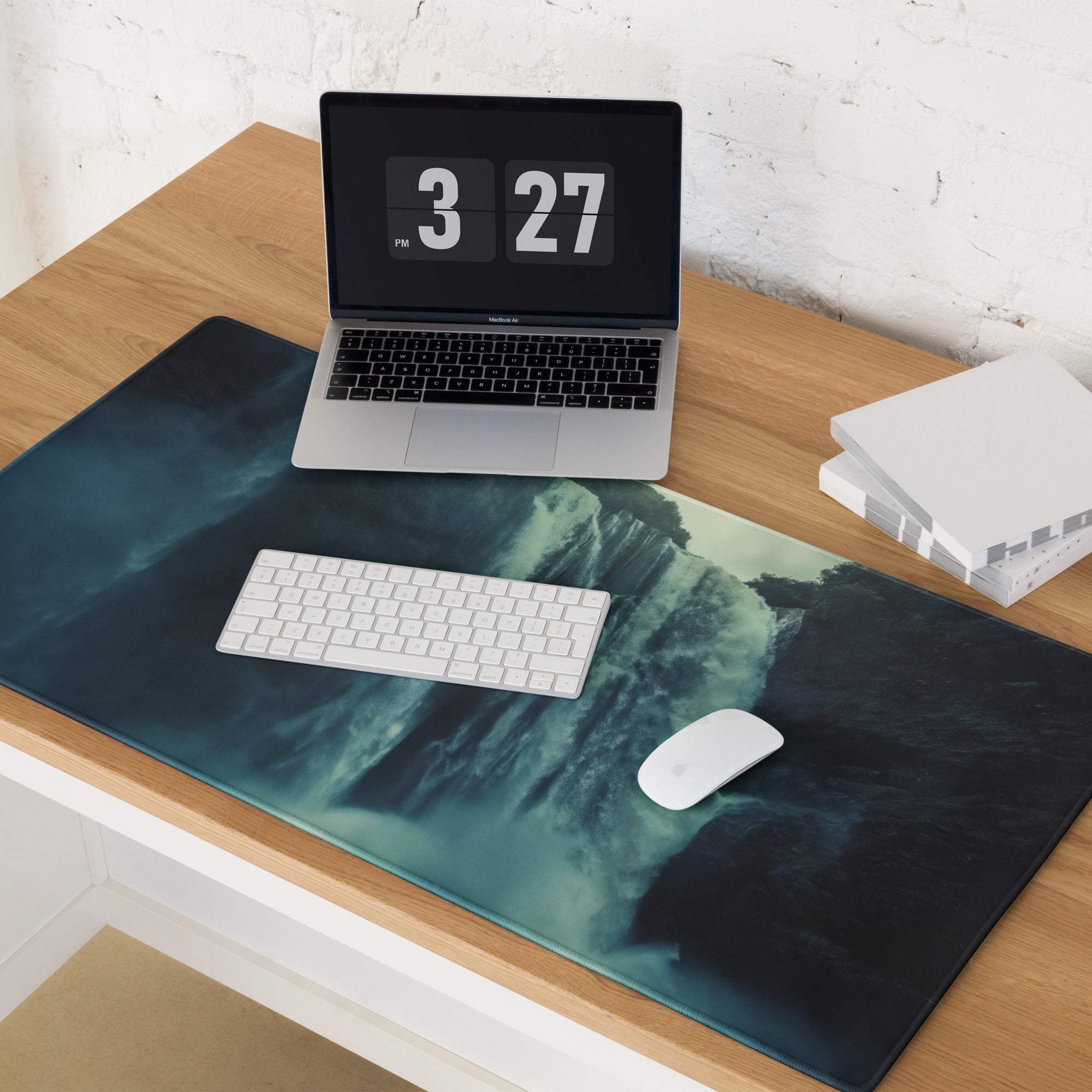 Epic Waterfall Scene Moody Blue teal black gaming mouse pad
