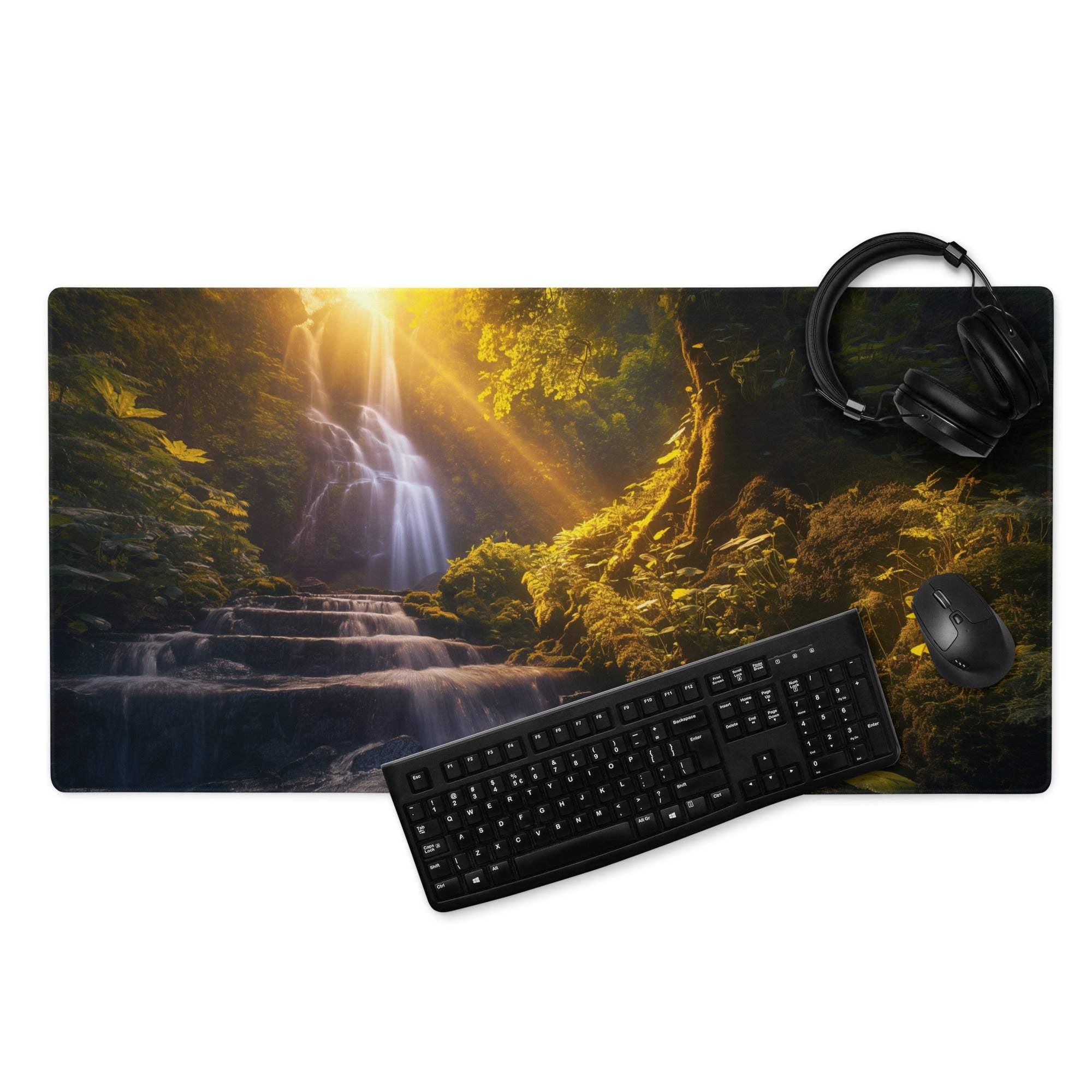Golden Hour Forest Waterfall gaming mouse pad with non-slip backing