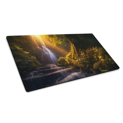 Golden hour forest waterfall on large gaming mouse pad with non-slip backing