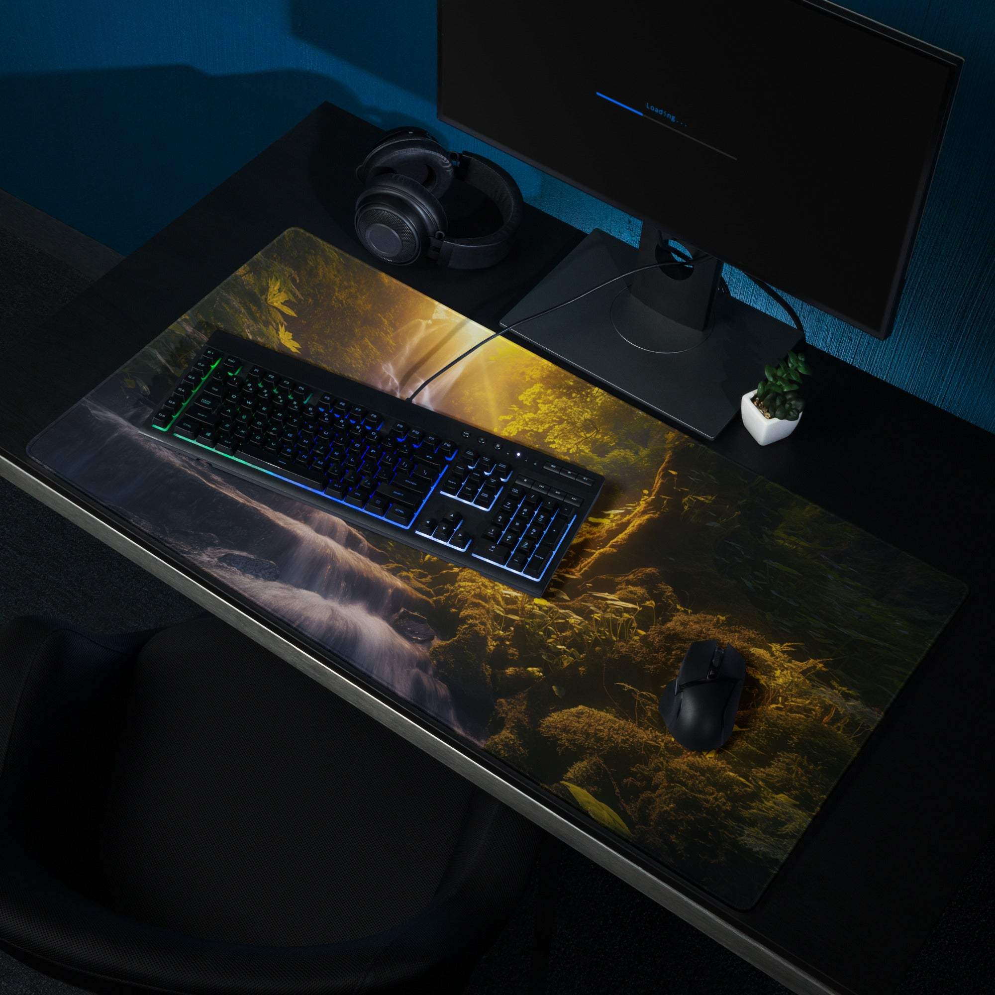 Golden Hour Forest Waterfall gaming mouse pad with misty forest scene
