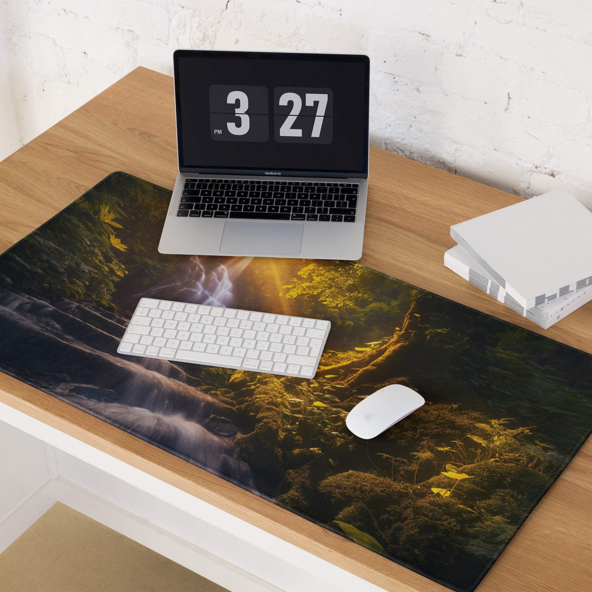 Golden Hour Forest Waterfall gaming mouse pad with mossy rocks and golden light