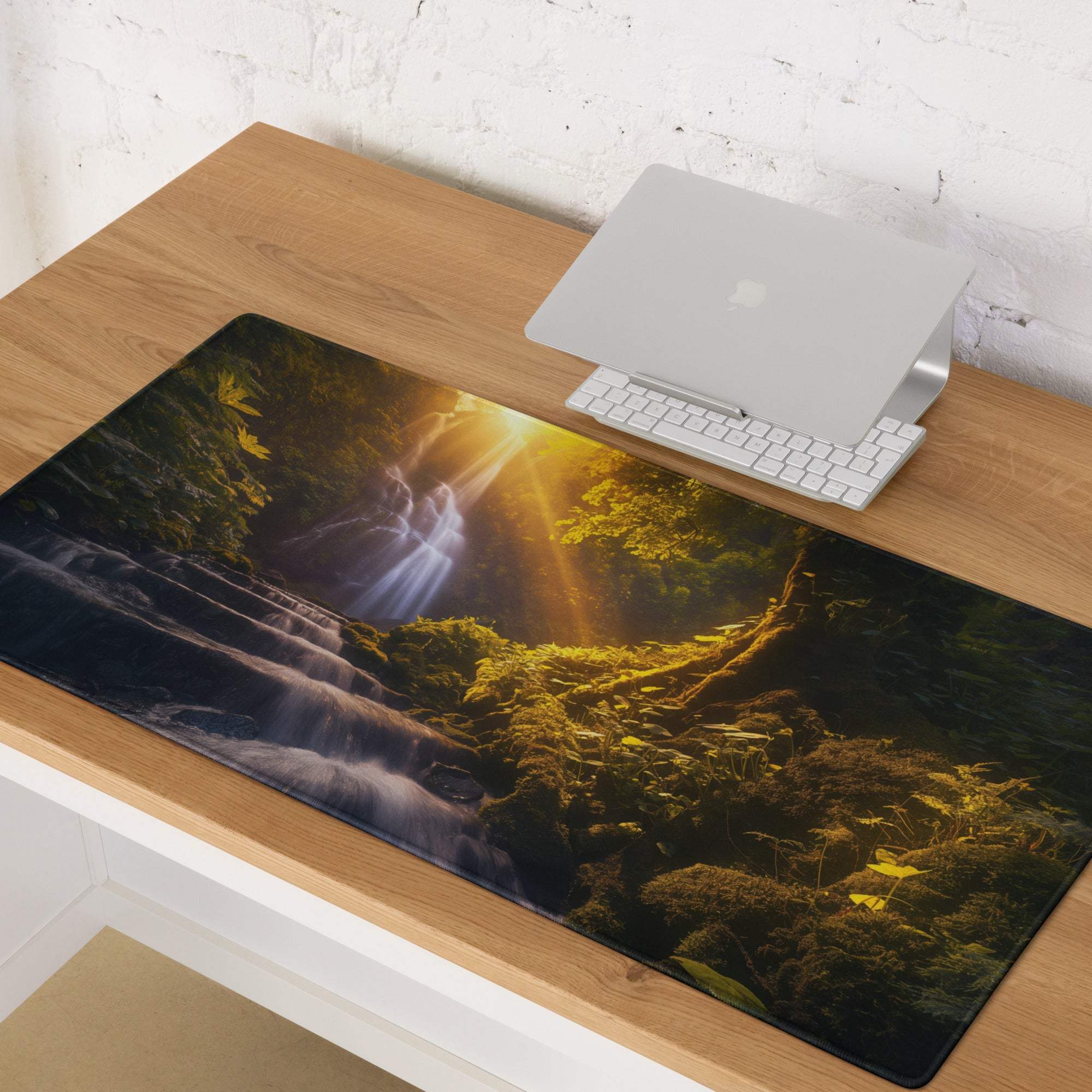Golden Hour Forest Waterfall gaming mouse pad with large size and non-slip backing