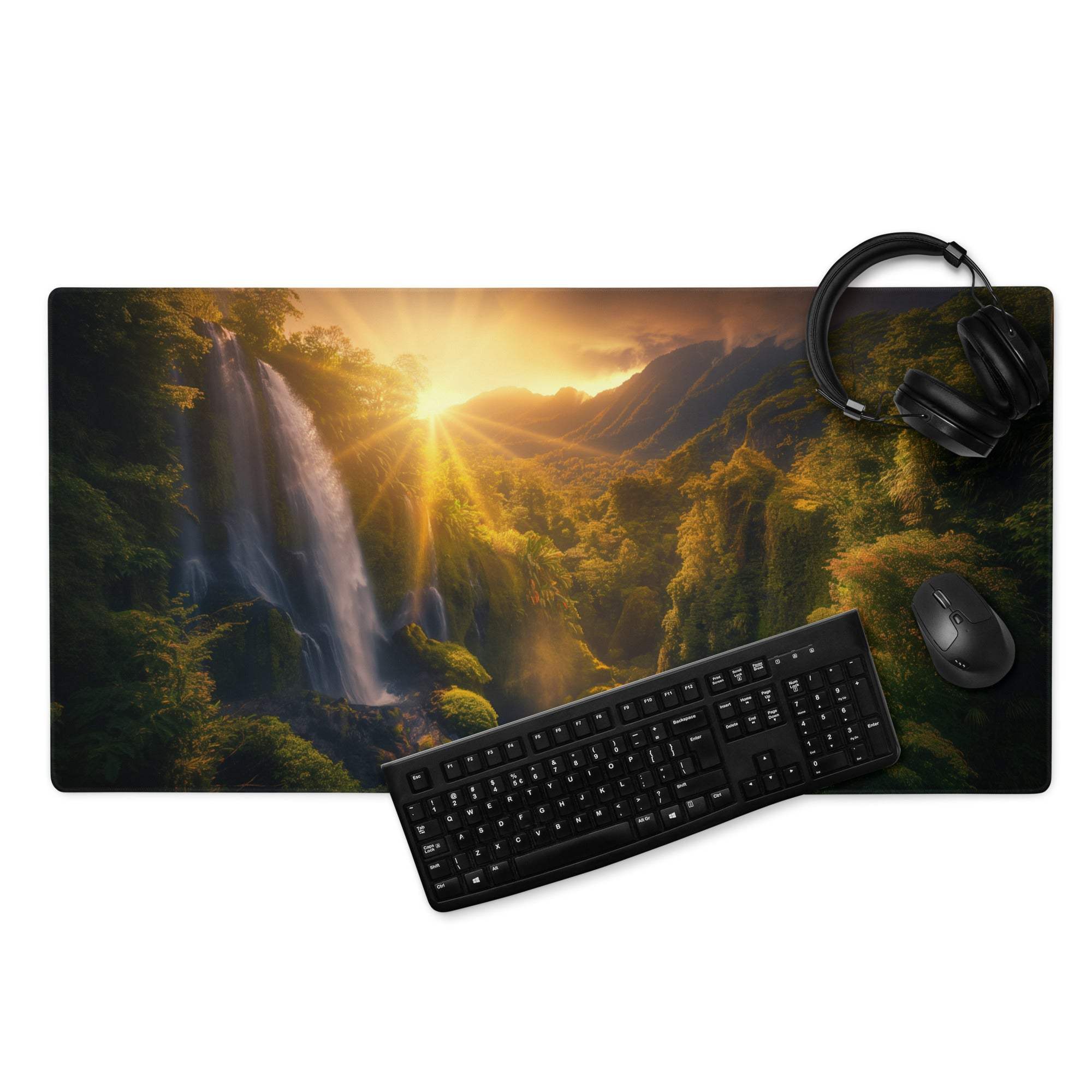 Golden Hour Landscape gaming mouse pad with waterfall sunset mountains print