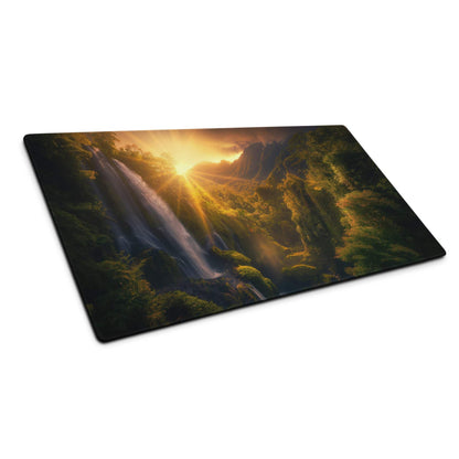 Large golden hour waterfall landscape gaming mouse pad with non-slip base