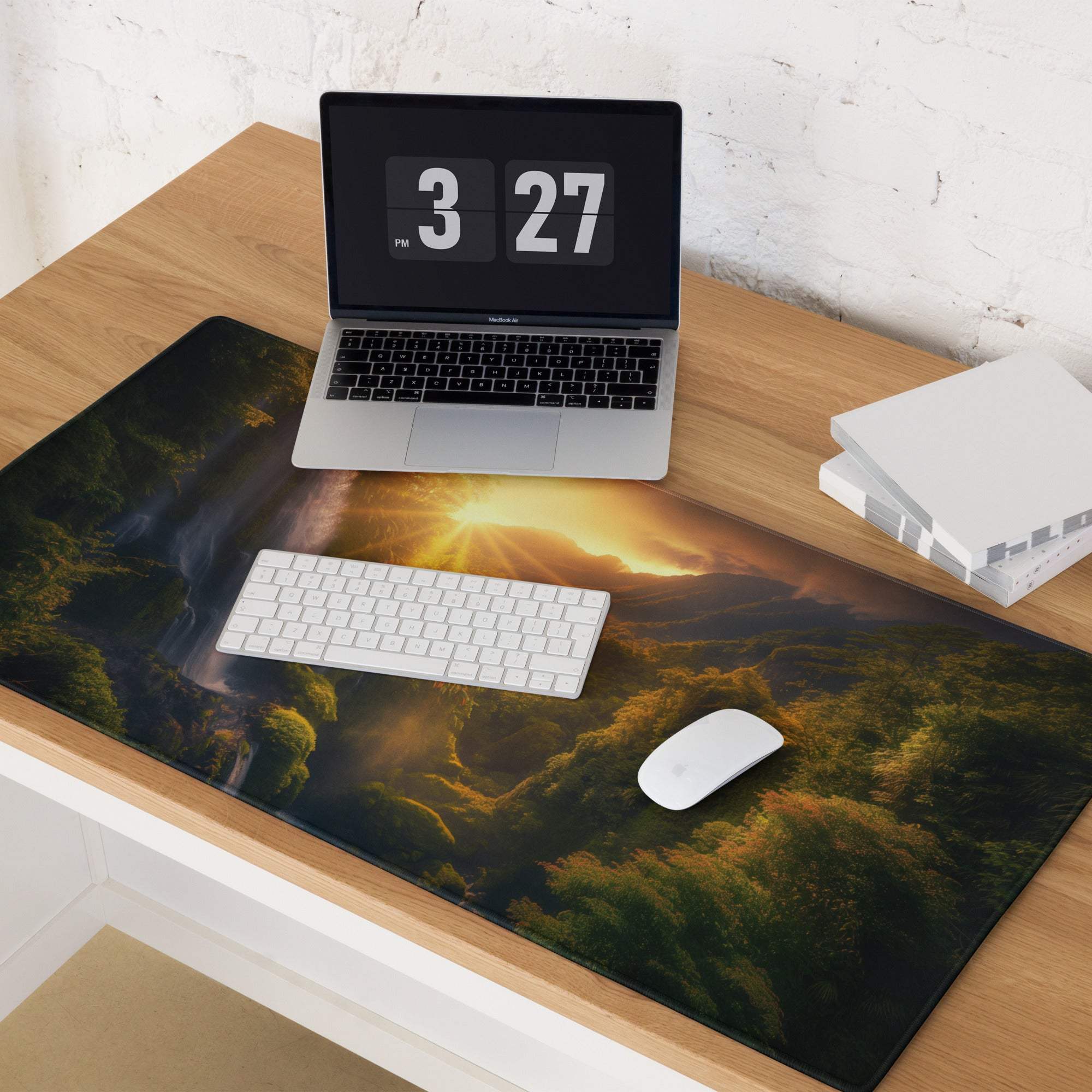 Golden Hour Landscape gaming mouse pad with lush forests, mountains, non-slip base, edge stitching