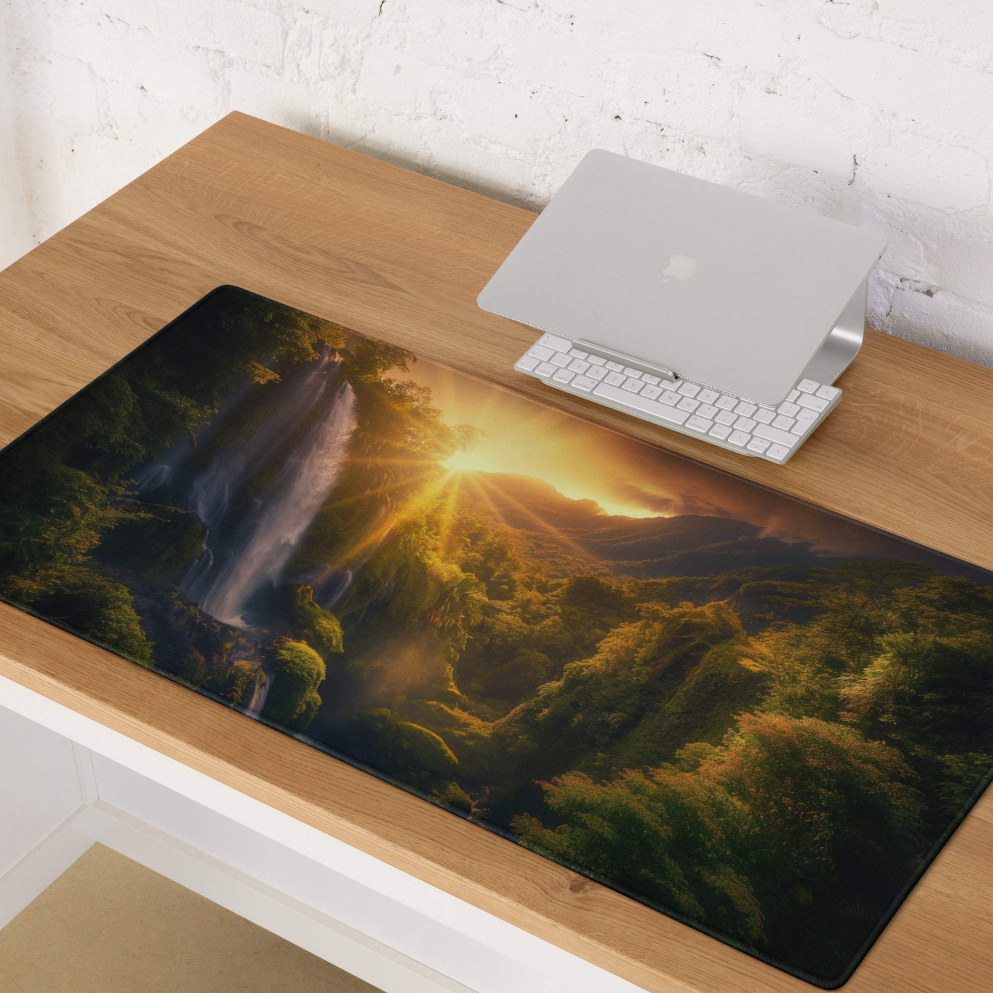 Golden Hour Landscape large gaming mouse pad with waterfall jungle print