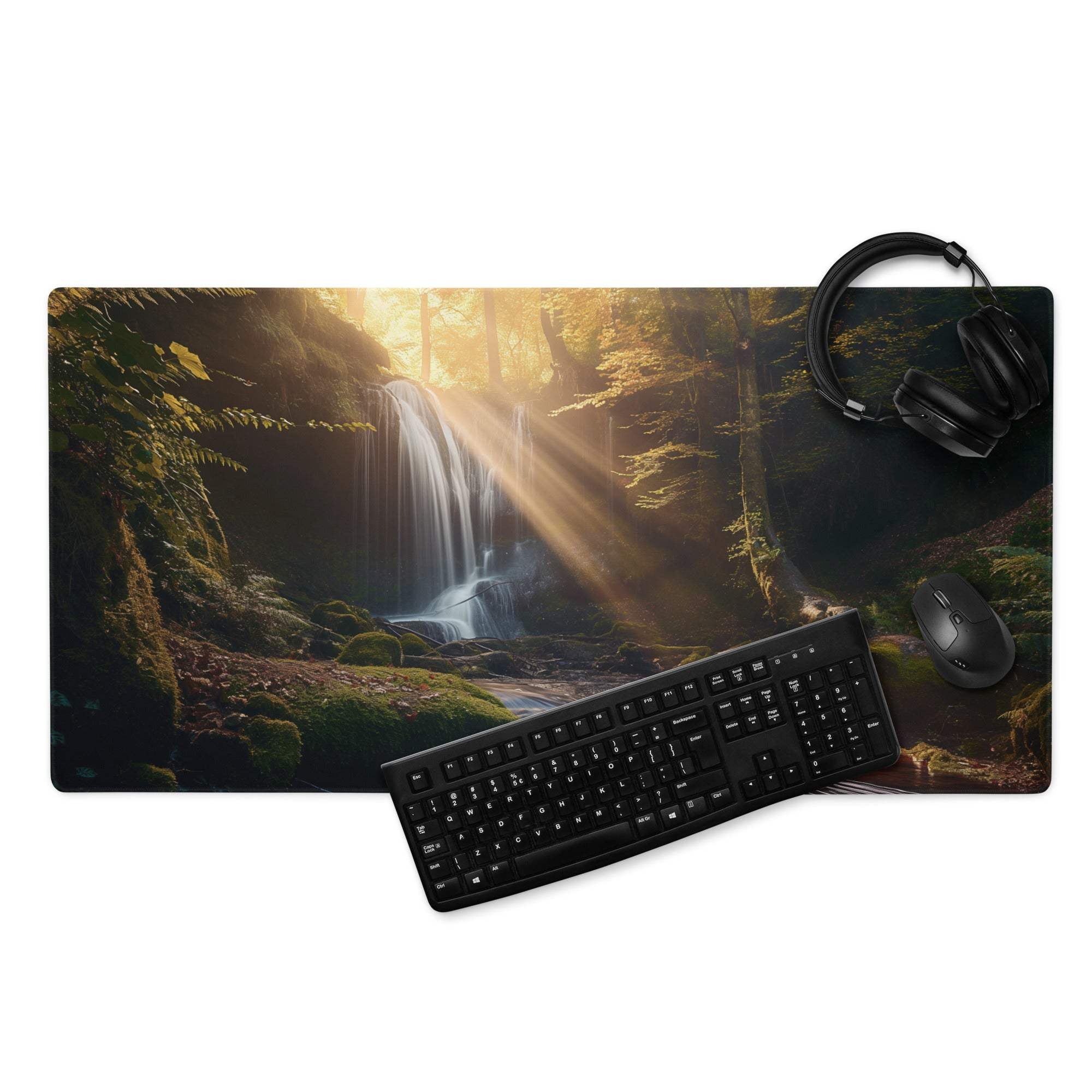 Large Golden Hour Forest Waterfall gaming mousepad with non-slip backing