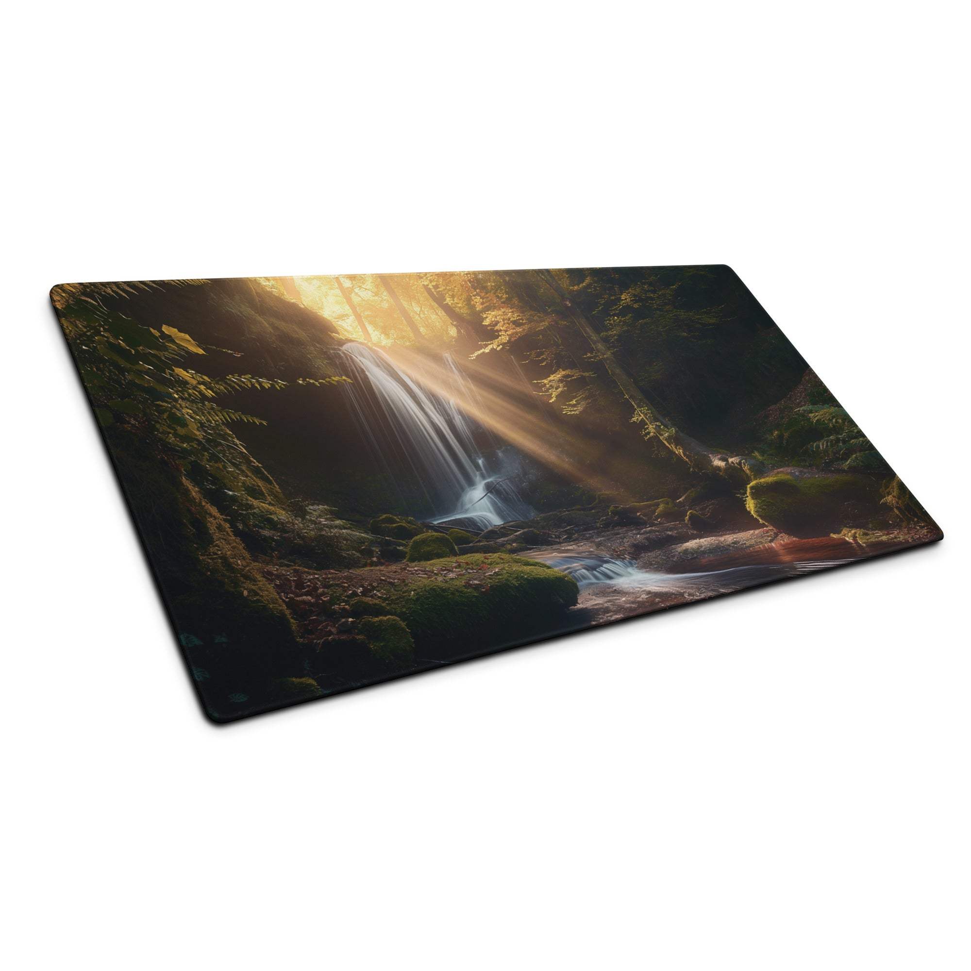 Large golden hour forest waterfall gaming mouse pad with non-slip backing