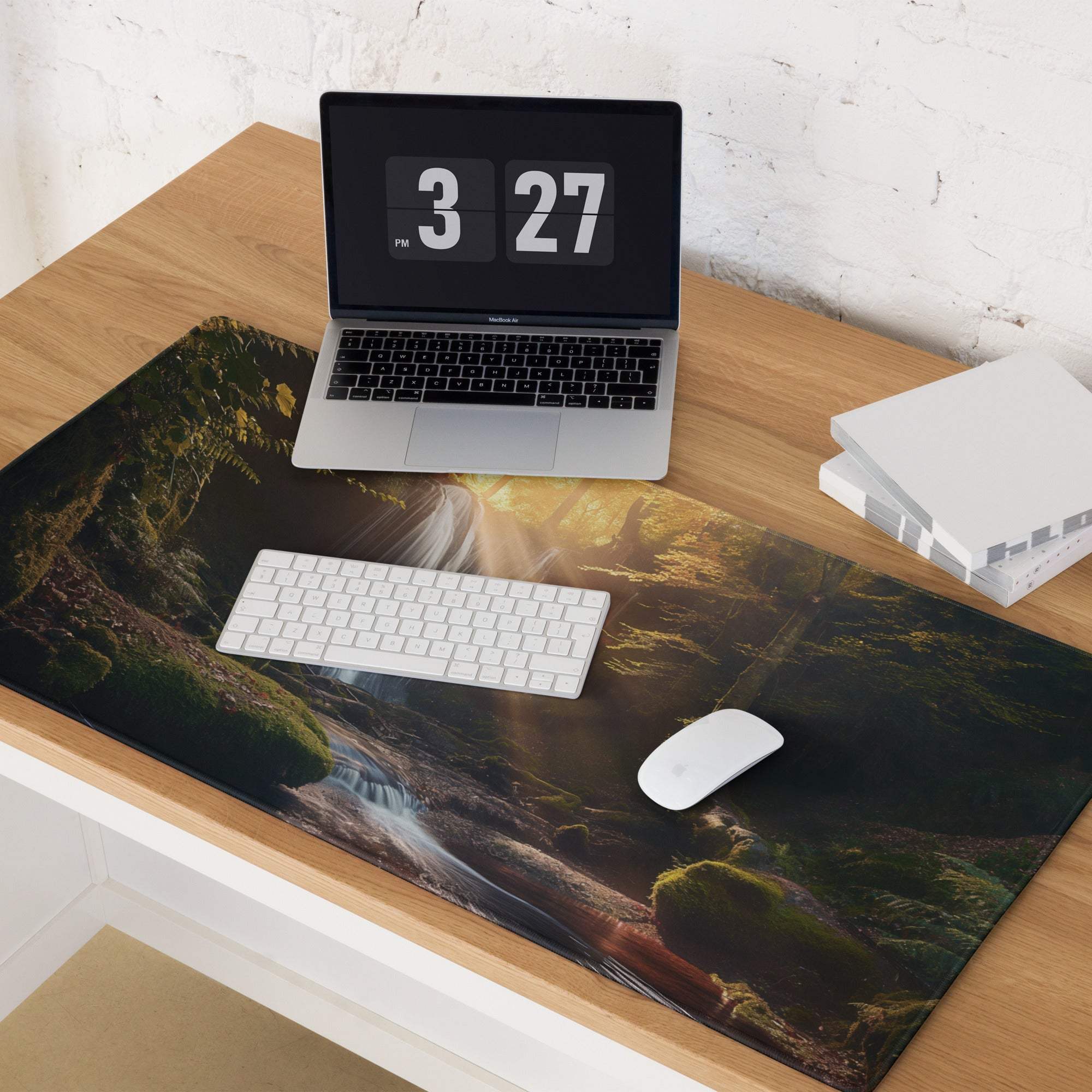 Golden Hour Forest gaming mouse pad with mossy rocks, cascading water, non-slip backing