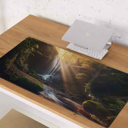 Golden Hour Forest waterfall gaming mouse pad with non-slip backing