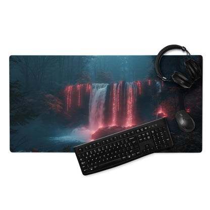 Premium large gaming mouse pad with dark neon forest waterfalls and red glow