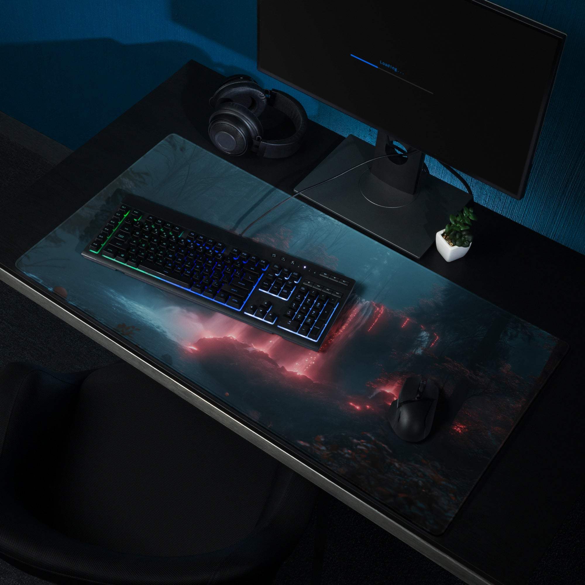 Premium large gaming mouse pad with cosmic nebulae on dark desk