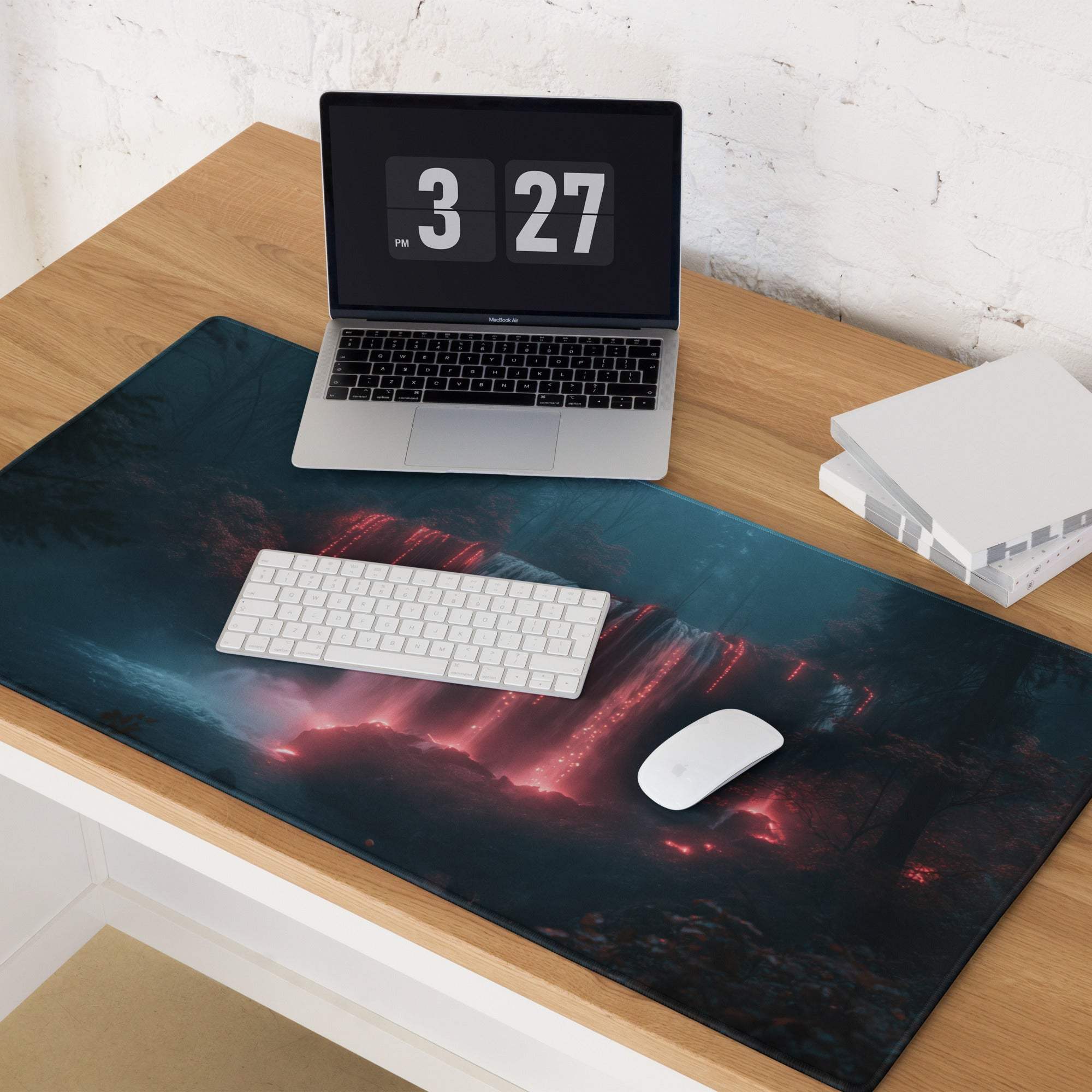 Premium large gaming mouse pad with dark blue red lava flow glossy design