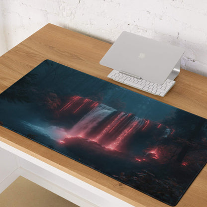 Premium large gaming mouse pad with glowing red waterfall and non-slip base