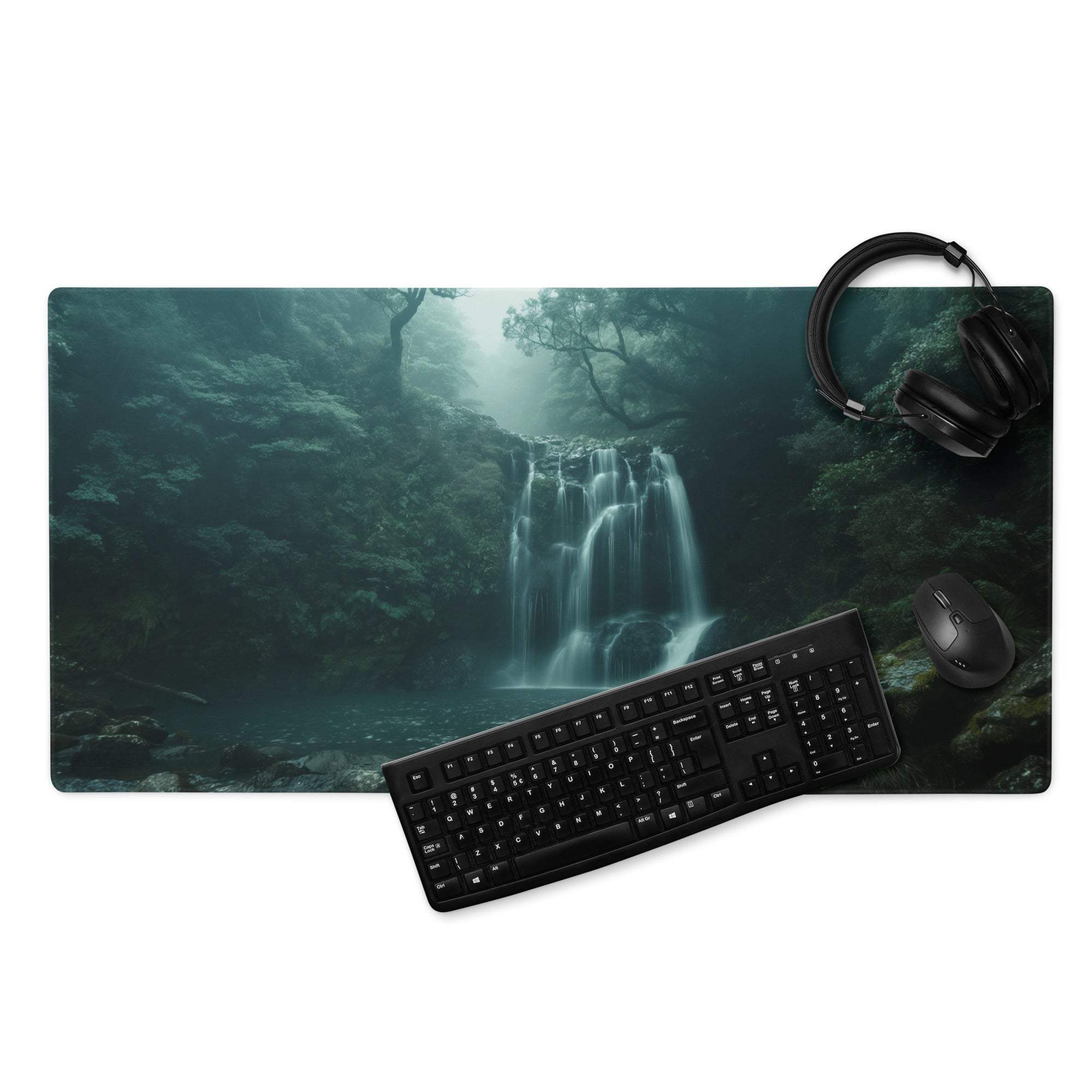 Moody Forest Green gaming mouse pad with teal waterfall forest scene