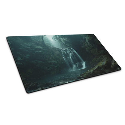 Misty waterfall glass cutting board on moody forest green mouse pad