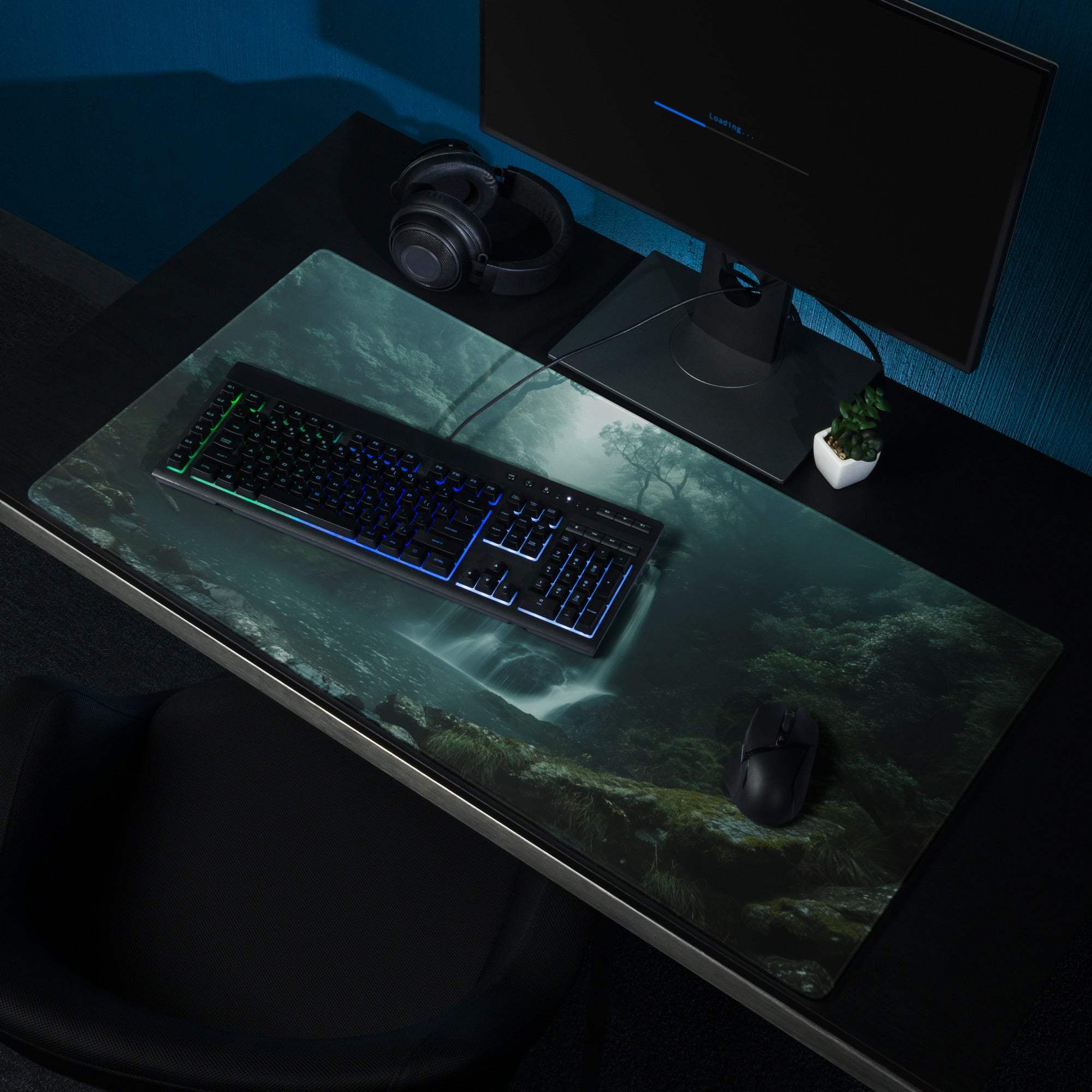 Moody Forest Green gaming mouse pad with dark forest, misty waterfalls