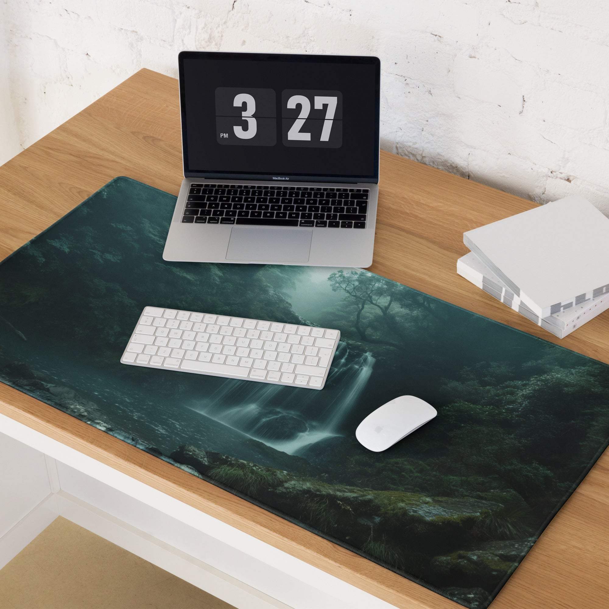 Moody Forest Green gaming mouse pad with dark green teal waterfall scene