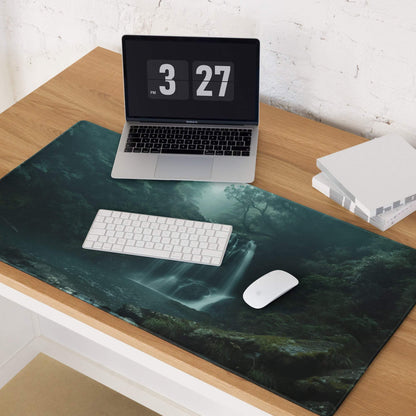 Moody Forest Green gaming mouse pad with dark green teal waterfall scene