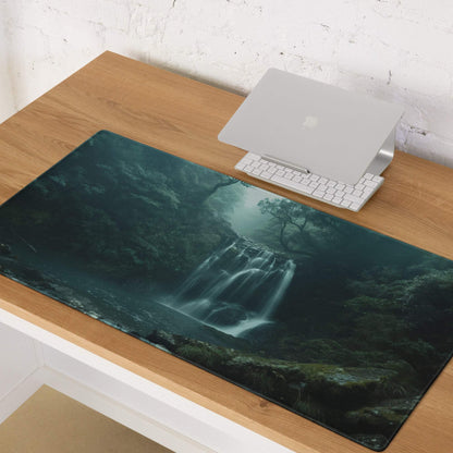 Moody Forest Green gaming mouse pad with teal waterfall, glossy finish, edge stitching