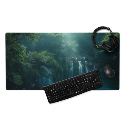 Premium Forest Mist large gaming mouse pad with immersive teal forest waterfalls