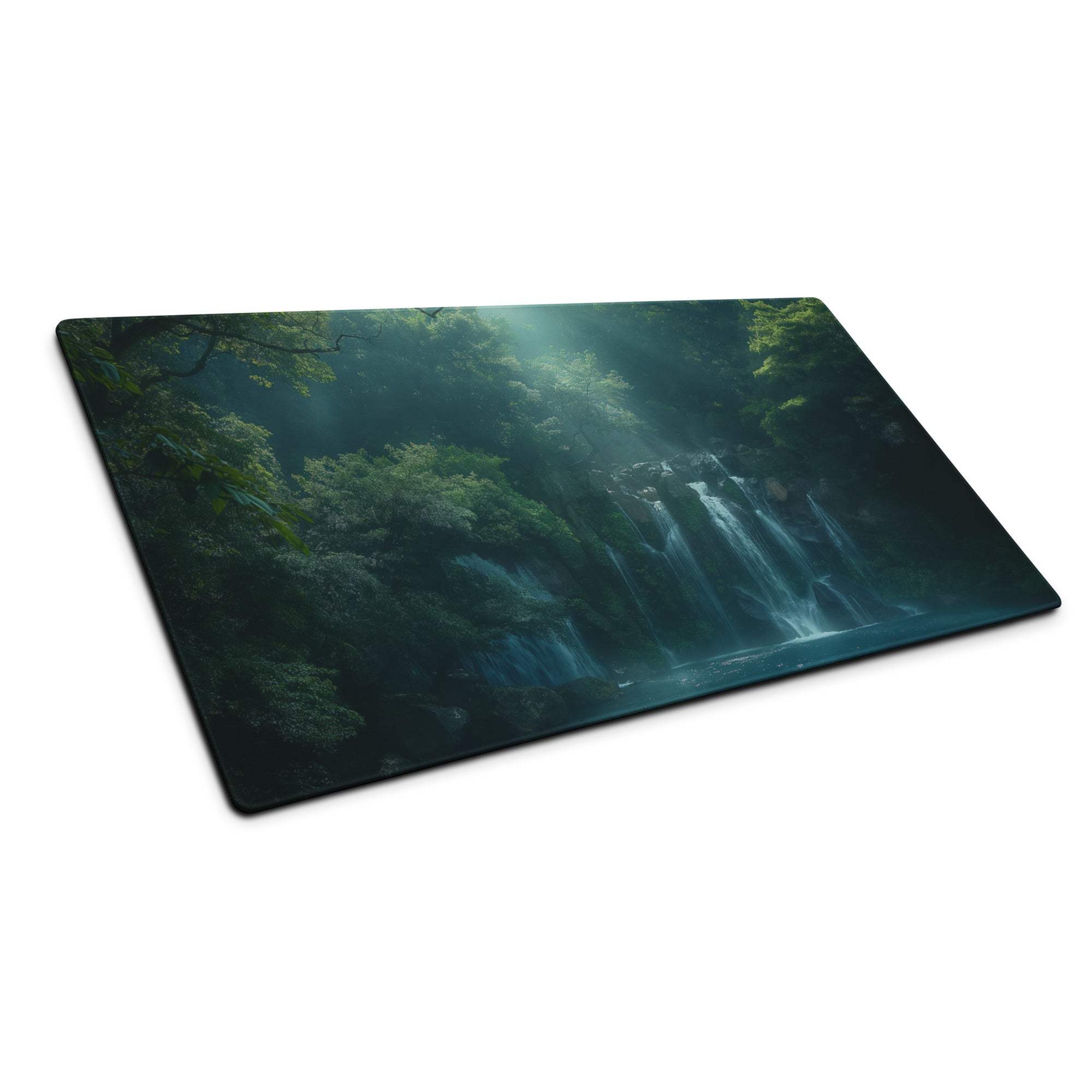 Premium Forest Mist large gaming mouse pad with misty forest waterfall print