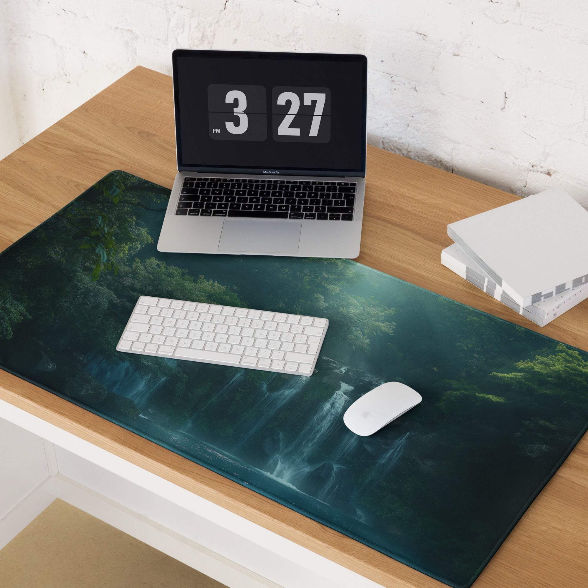 Premium Forest Mist large gaming mouse pad with dark green forest waterfall design