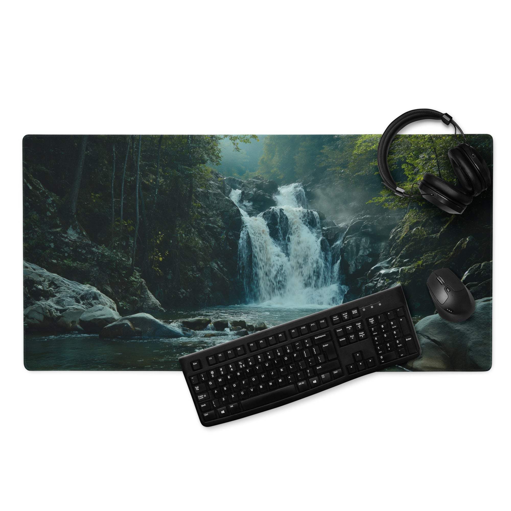 Nature inspired forest waterfall misty large stitched gaming mouse pad