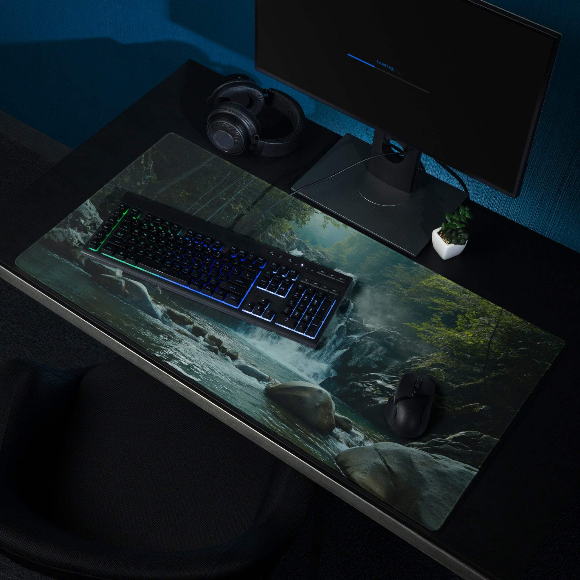Large edge-stitched misty forest stream gaming mouse pad