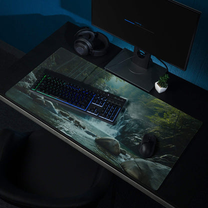 Large edge-stitched misty forest stream gaming mouse pad