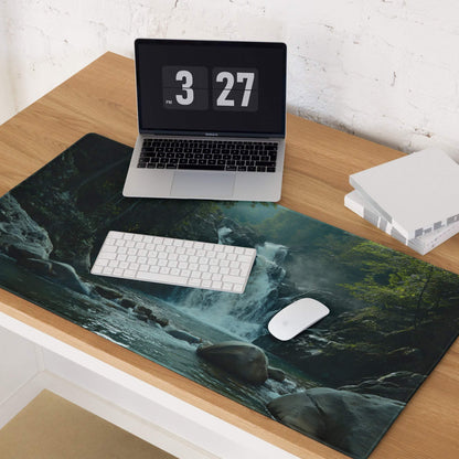 Nature inspired misty forest waterfall gaming mouse pad, large edge stitched