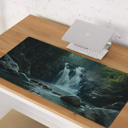 Nature inspired forest waterfall misty gaming mouse pad dark green black stitched