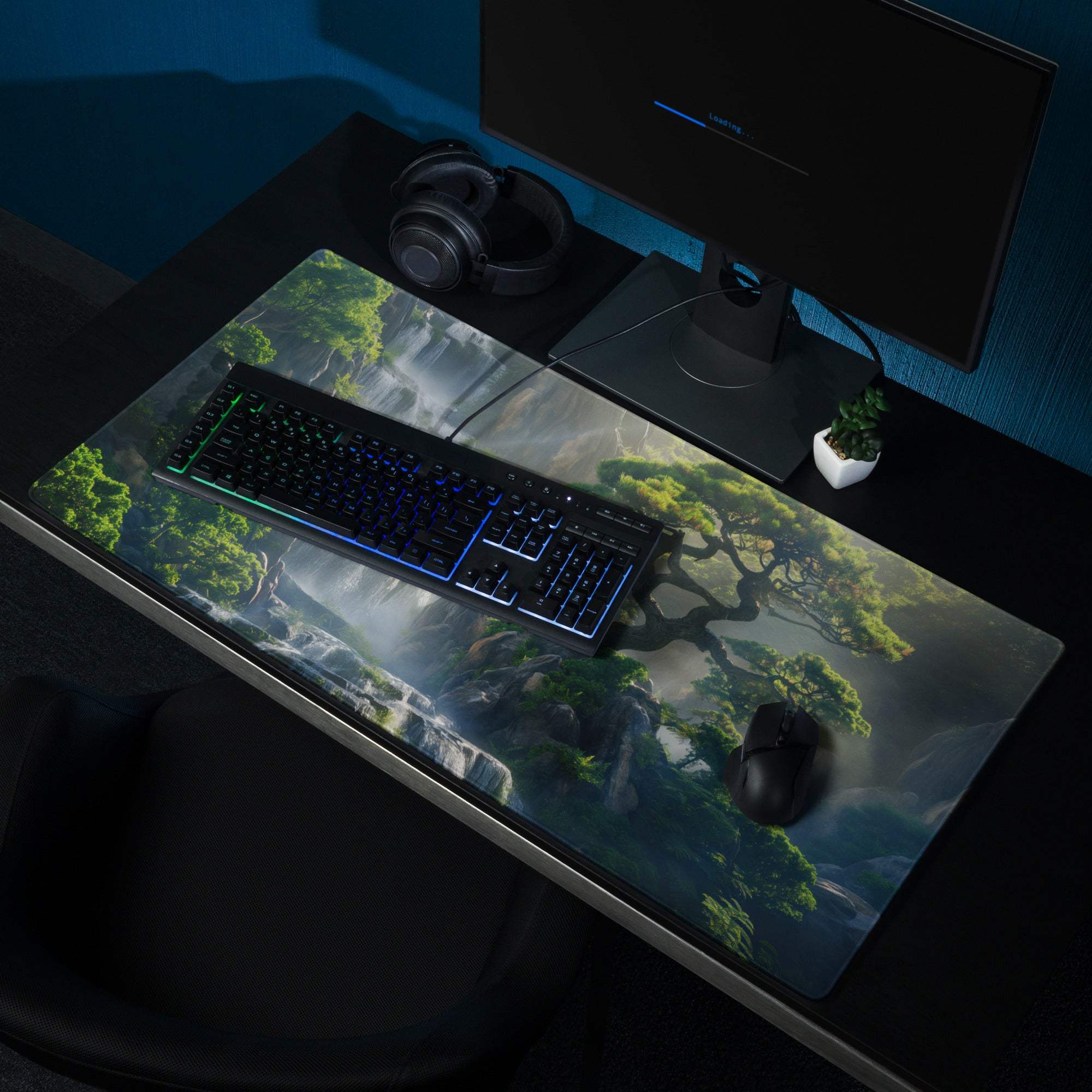 Serene nature waterfall and bonsai tree gaming mouse pad with misty forest print